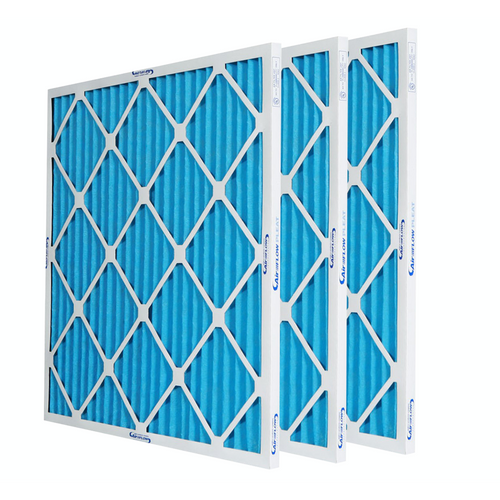 three blue pleated residential air filters 1 inch 